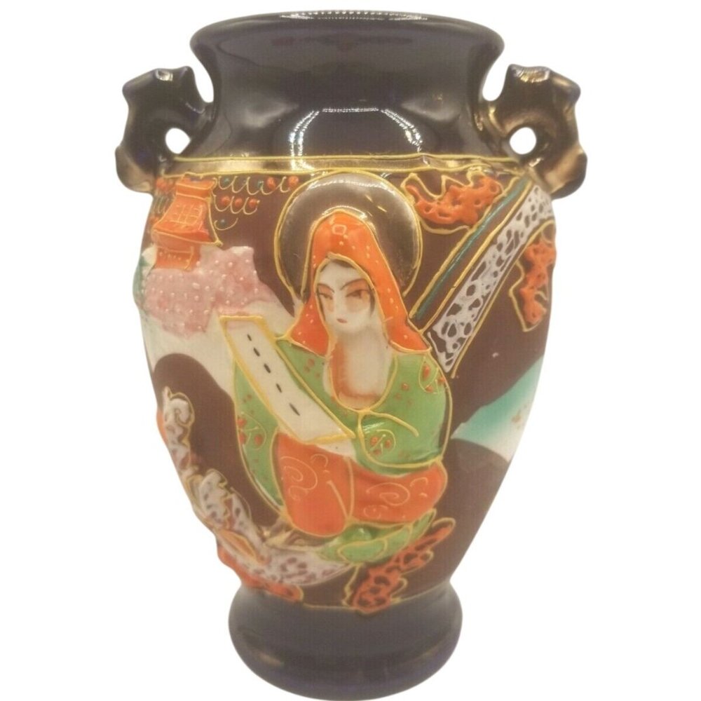 Japanese Satsuma Ware Vase Kannen Goddess of Mercy 1940s Handles Moriage